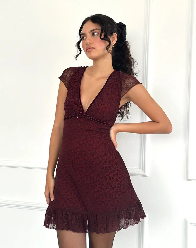 Melva Mini Dress in Ditsy Flock Burnt Maroon