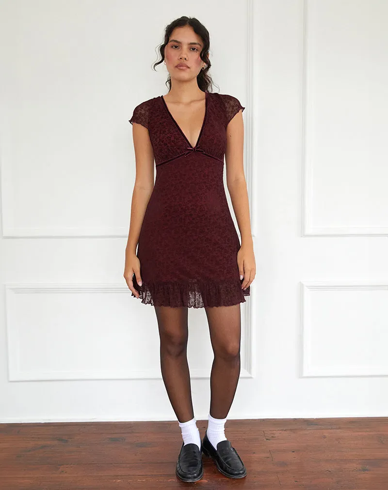 Melva Mini Dress in Ditsy Flock Burnt Maroon