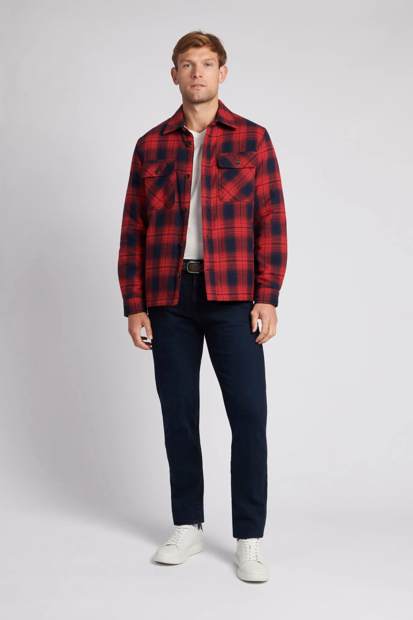 Mens Ombre Brushed Twill Check Shacket in Haute Red