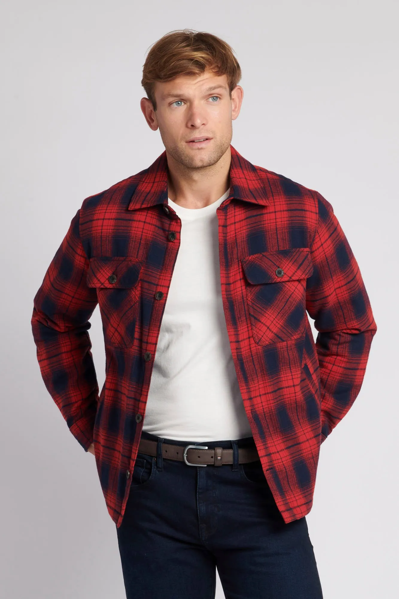 Mens Ombre Brushed Twill Check Shacket in Haute Red