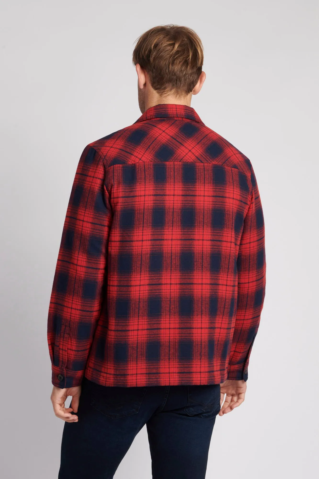 Mens Ombre Brushed Twill Check Shacket in Haute Red