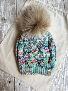 Merino wool cable knit beanie with faux fur Pom