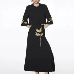 Metaversmall Embroidered Two Piece Set For Women O Neck Long Sleeve Spliced Button Tops High Waist Skirt Elegant Sets Female New