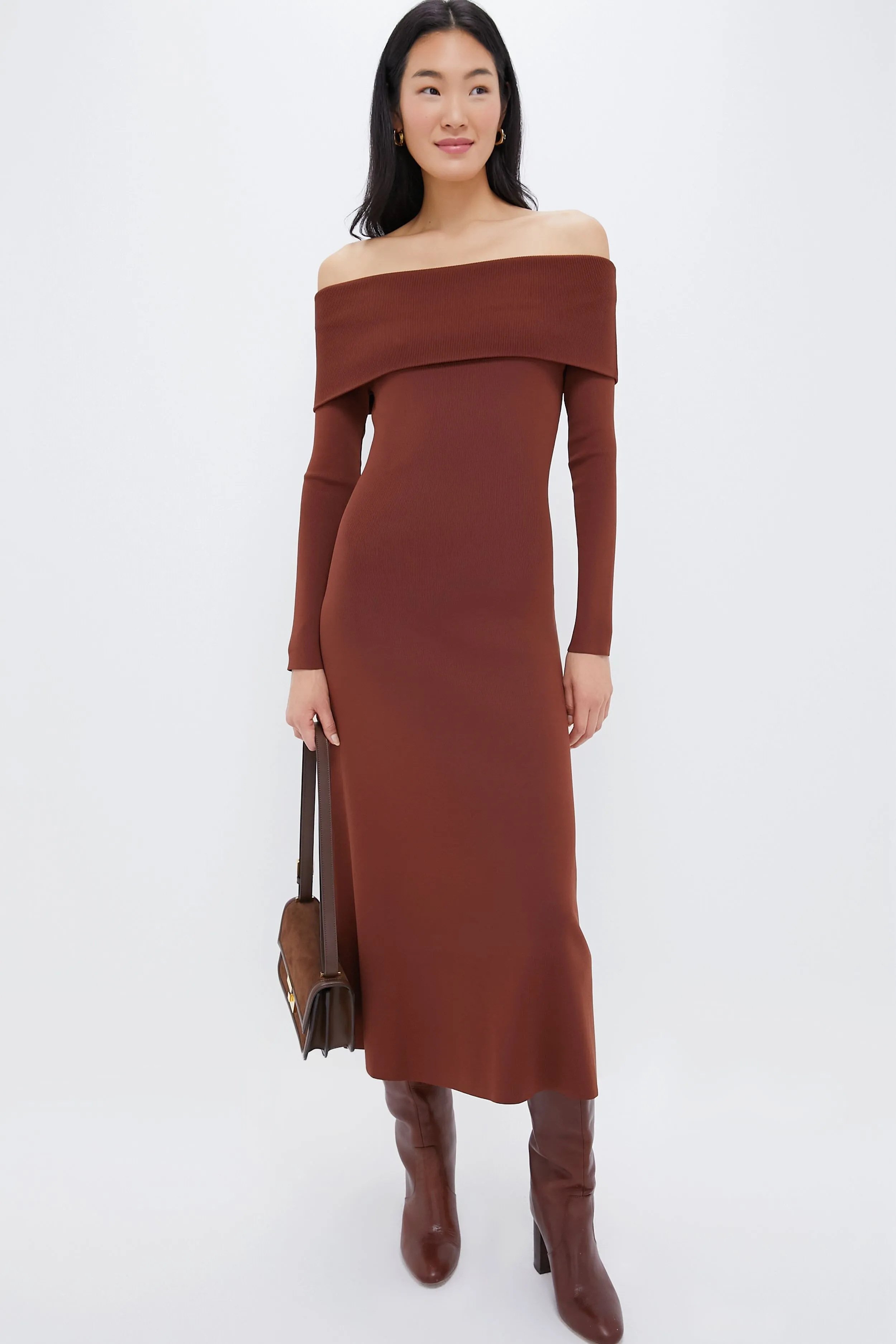 Mocha Knit Off-The-Shoulder Adrianna Dress