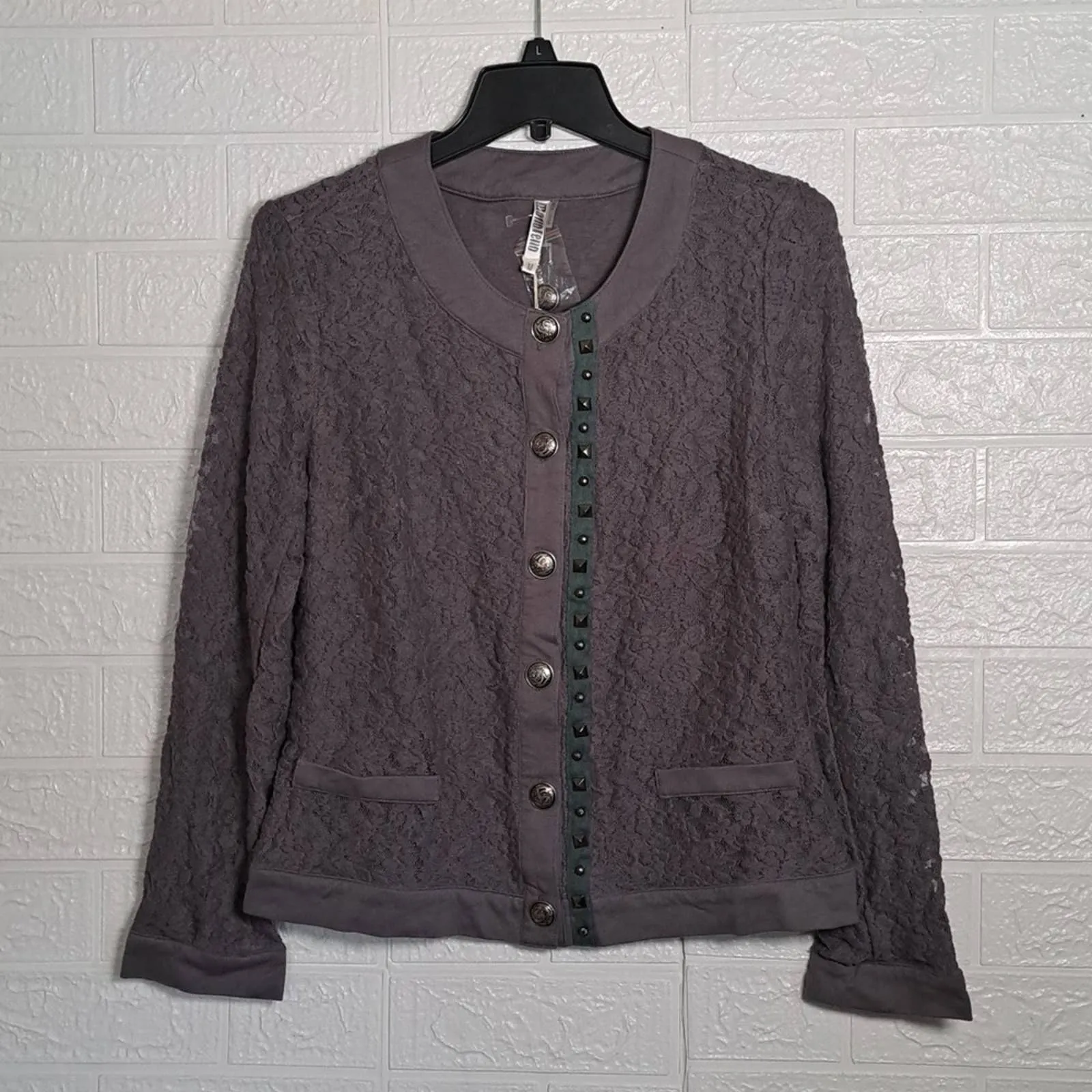 MonoReno Lace Overlay Cardigan Sweater Medium Grey