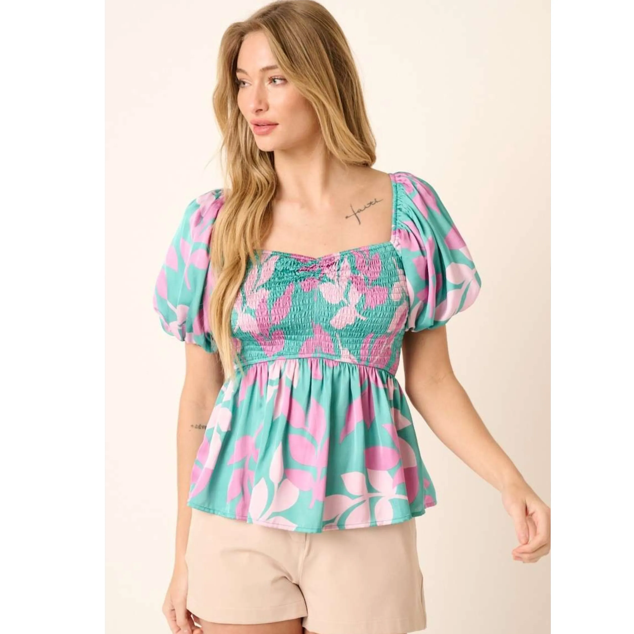 Multicolor Leaf Print Babydoll Top