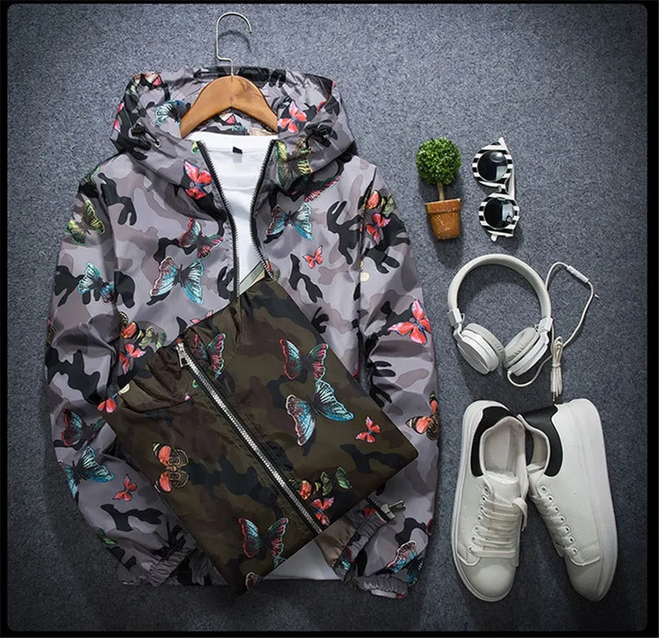 New Autumn Butterfly Print Clothes Men's Hooded Windbreaker Coat