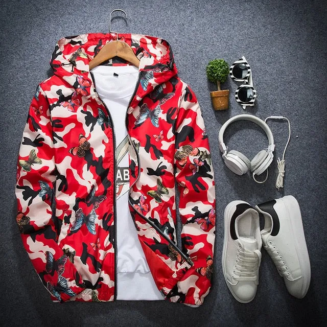 New Autumn Butterfly Print Clothes Men's Hooded Windbreaker Coat