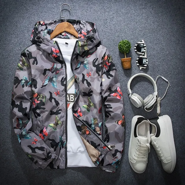 New Autumn Butterfly Print Clothes Men's Hooded Windbreaker Coat