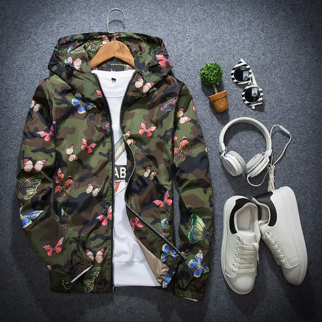 New Autumn Butterfly Print Clothes Men's Hooded Windbreaker Coat