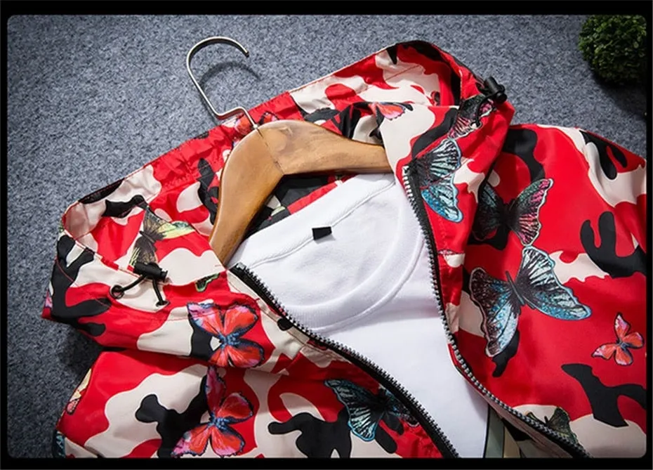 New Autumn Butterfly Print Clothes Men's Hooded Windbreaker Coat