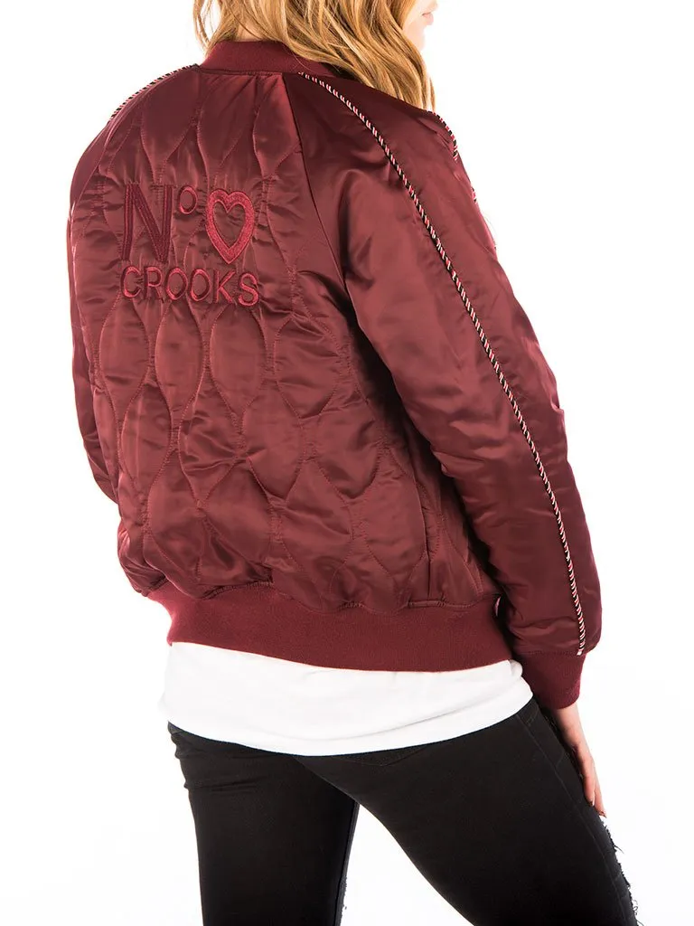 NO LOVE BOMBER JACKET IN BURGUNDY