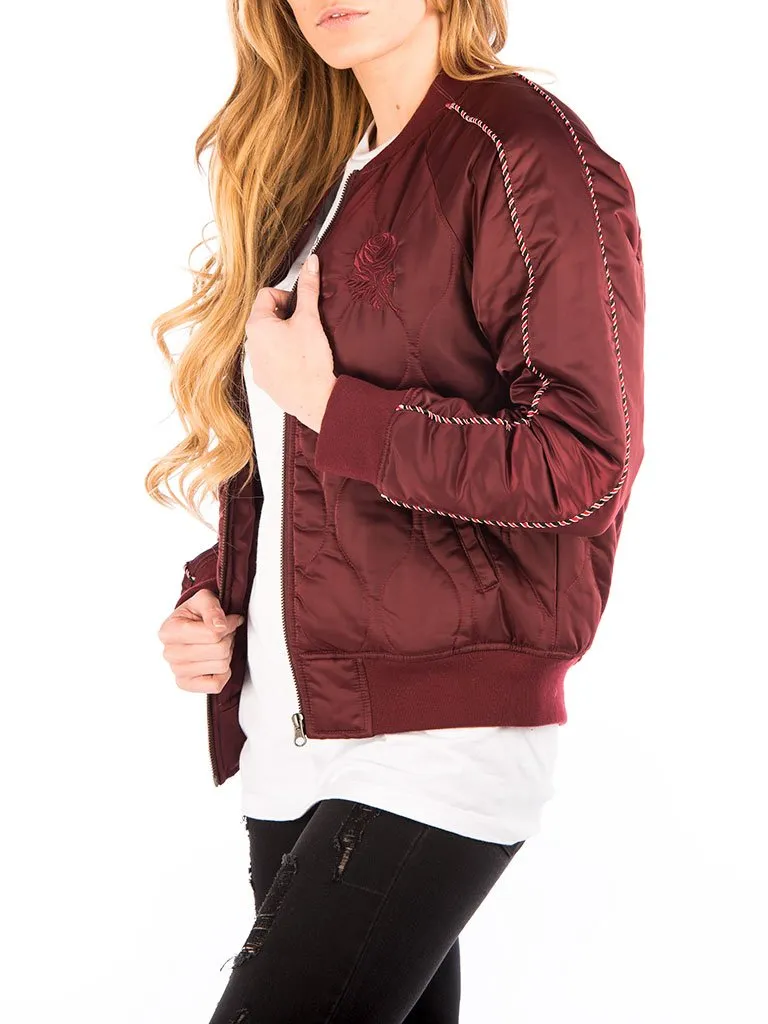 NO LOVE BOMBER JACKET IN BURGUNDY