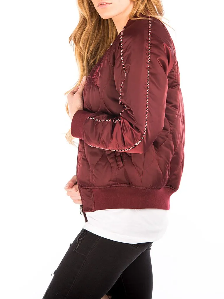 NO LOVE BOMBER JACKET IN BURGUNDY