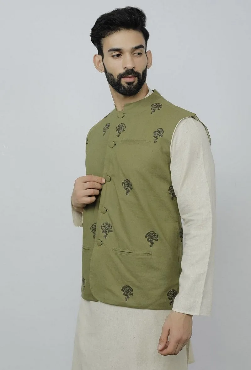 Olive Green Cotton Nehru Block Print Jacket