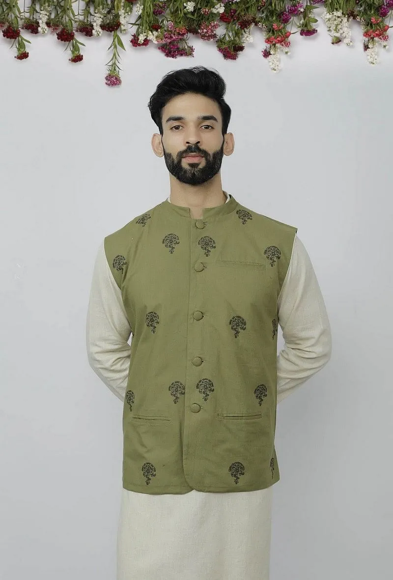 Olive Green Cotton Nehru Block Print Jacket