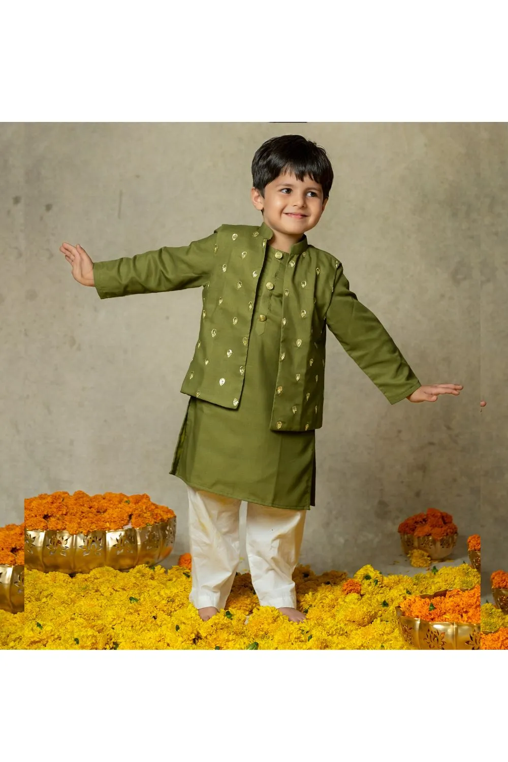 Olive Green Kurta With Hand Embroidered Jacket And Pyjama Set