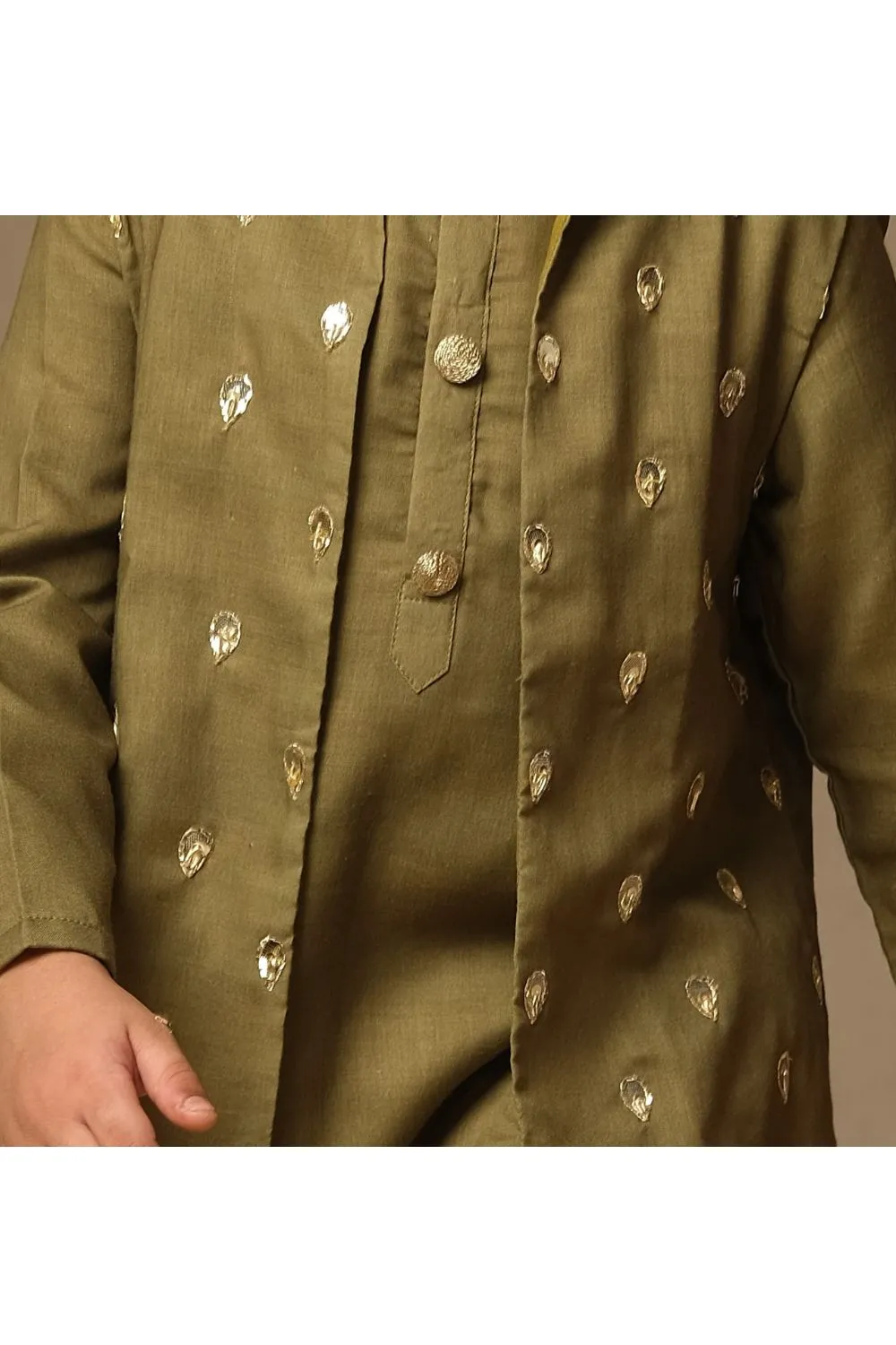 Olive Green Kurta With Hand Embroidered Jacket And Pyjama Set