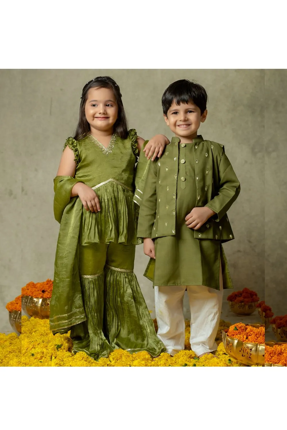 Olive Green Kurta With Hand Embroidered Jacket And Pyjama Set