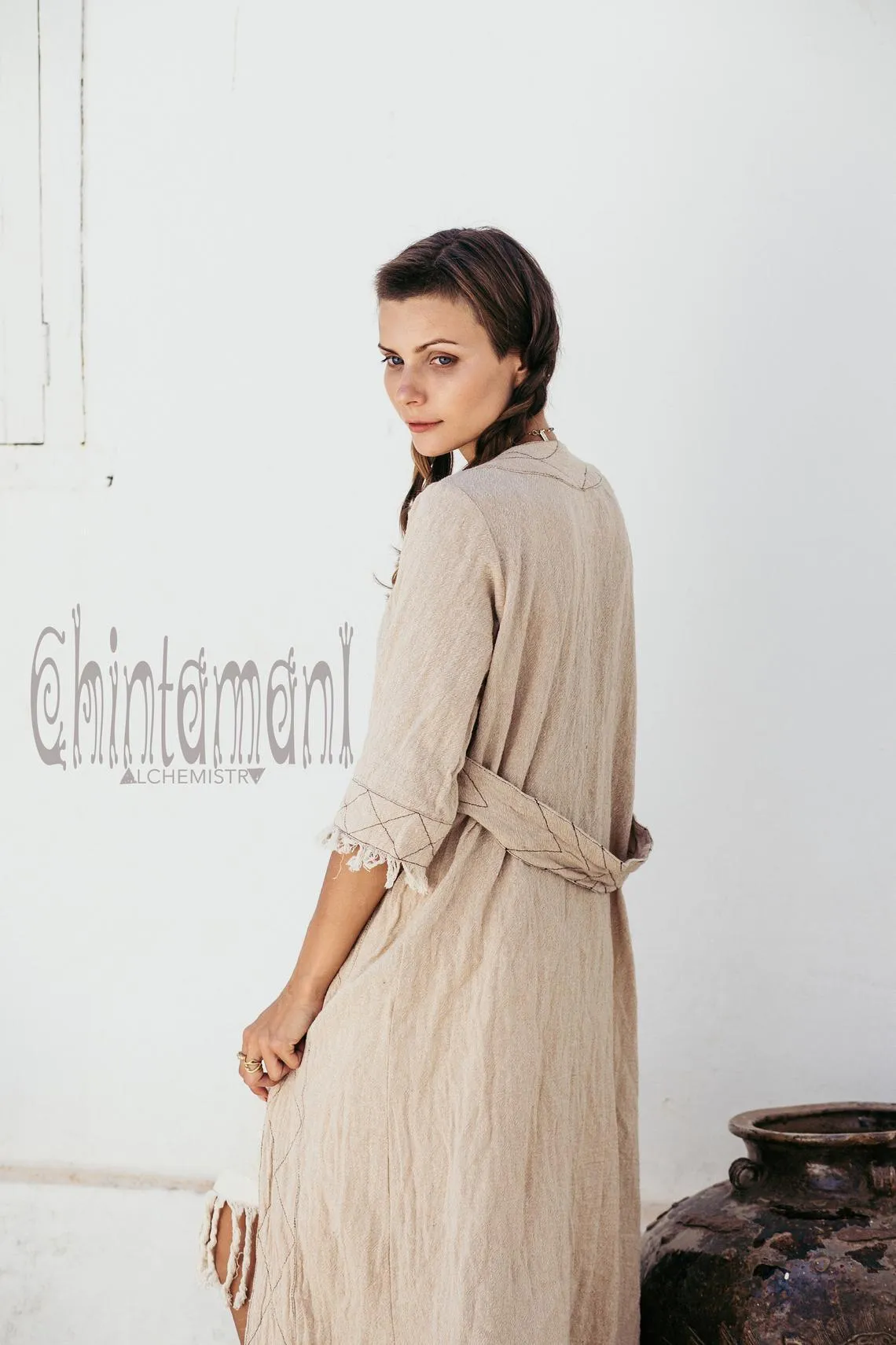 Organic Long Cardigan Robe 3/4 Sleeves / Beige