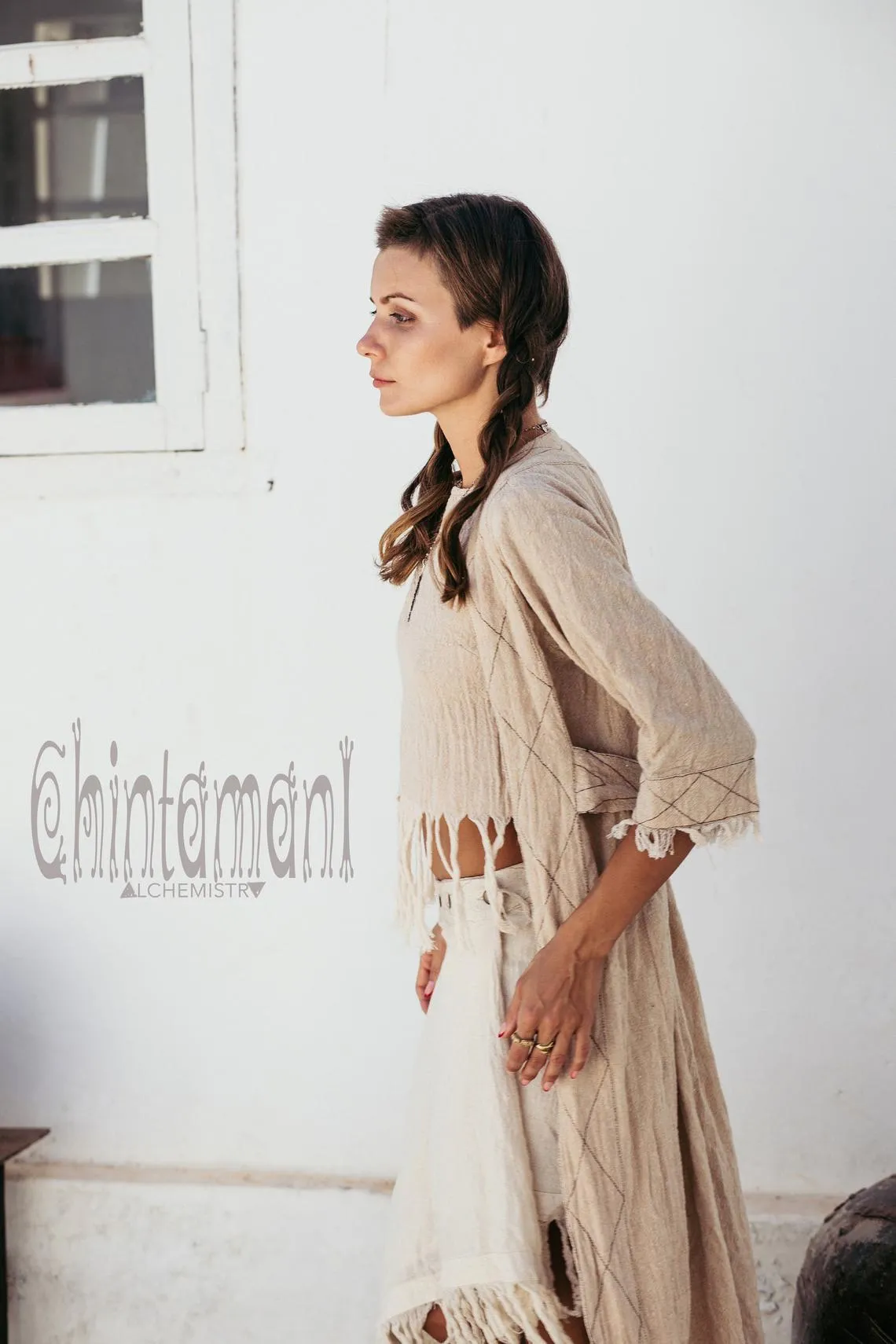 Organic Long Cardigan Robe 3/4 Sleeves / Beige