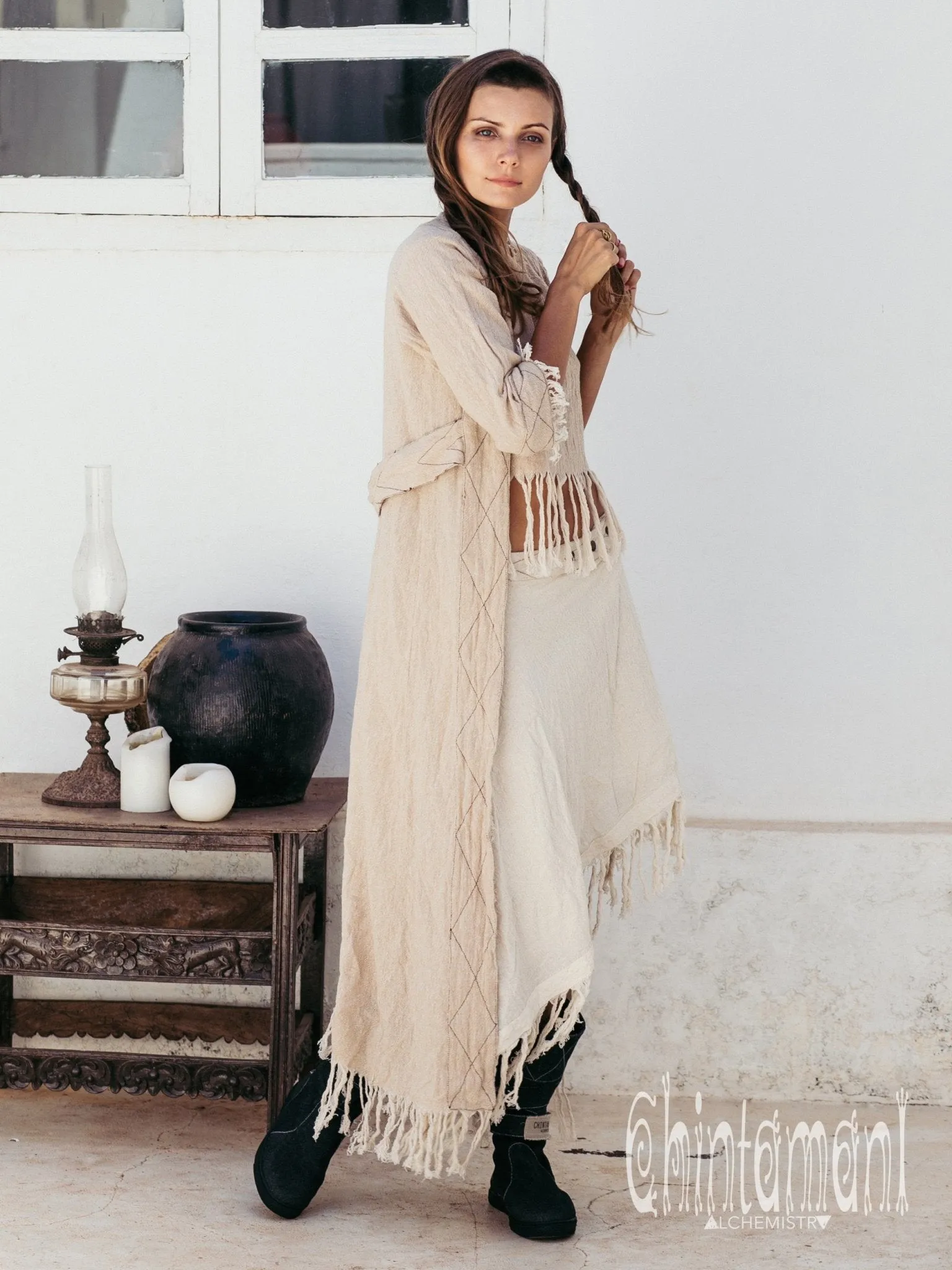 Organic Long Cardigan Robe 3/4 Sleeves / Beige