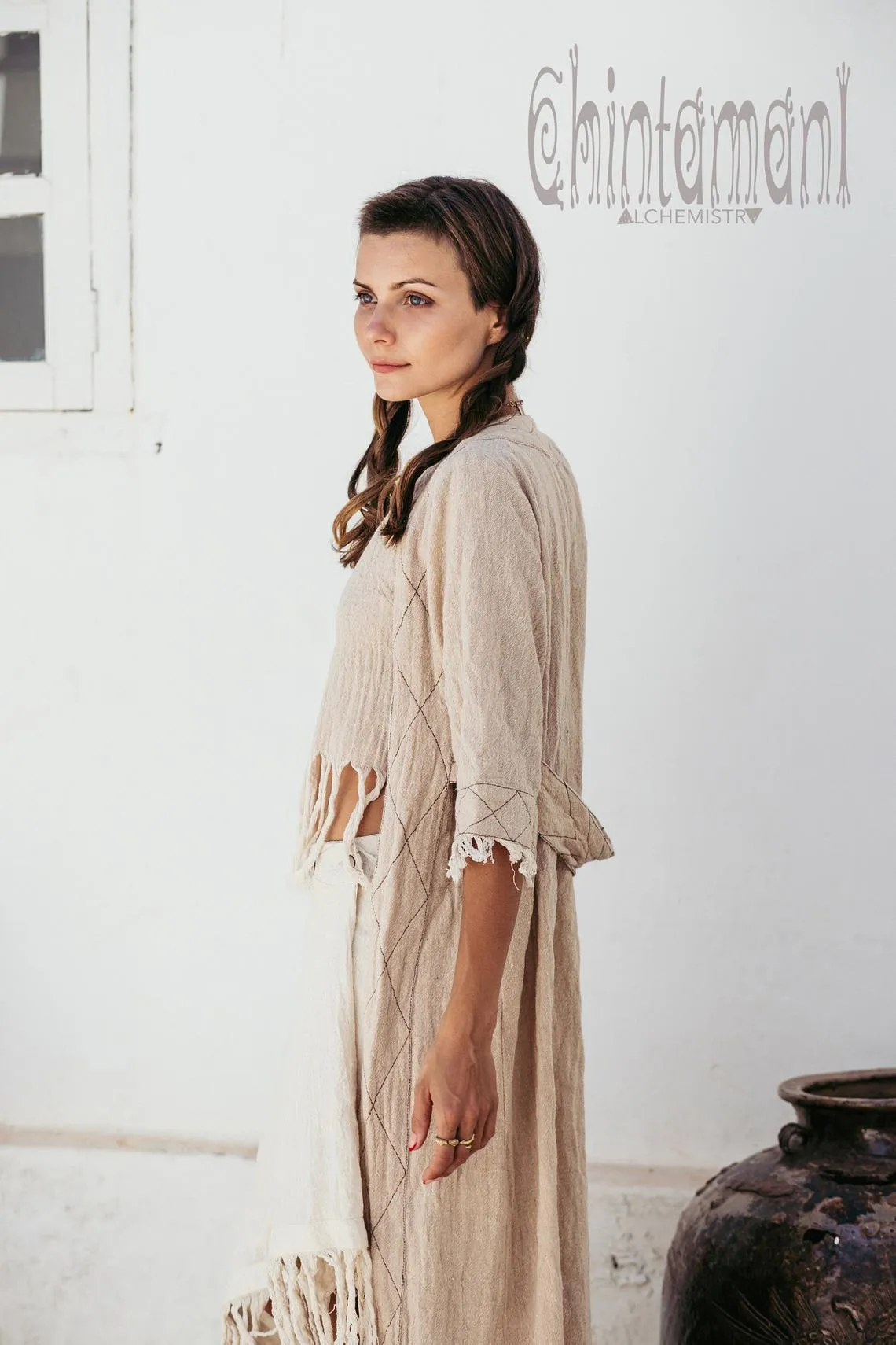 Organic Long Cardigan Robe 3/4 Sleeves / Beige