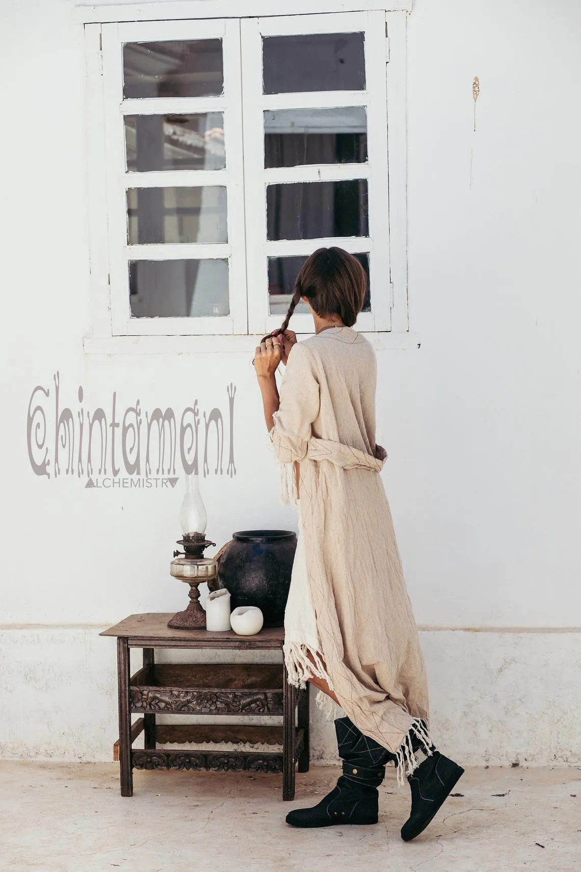 Organic Long Cardigan Robe 3/4 Sleeves / Beige