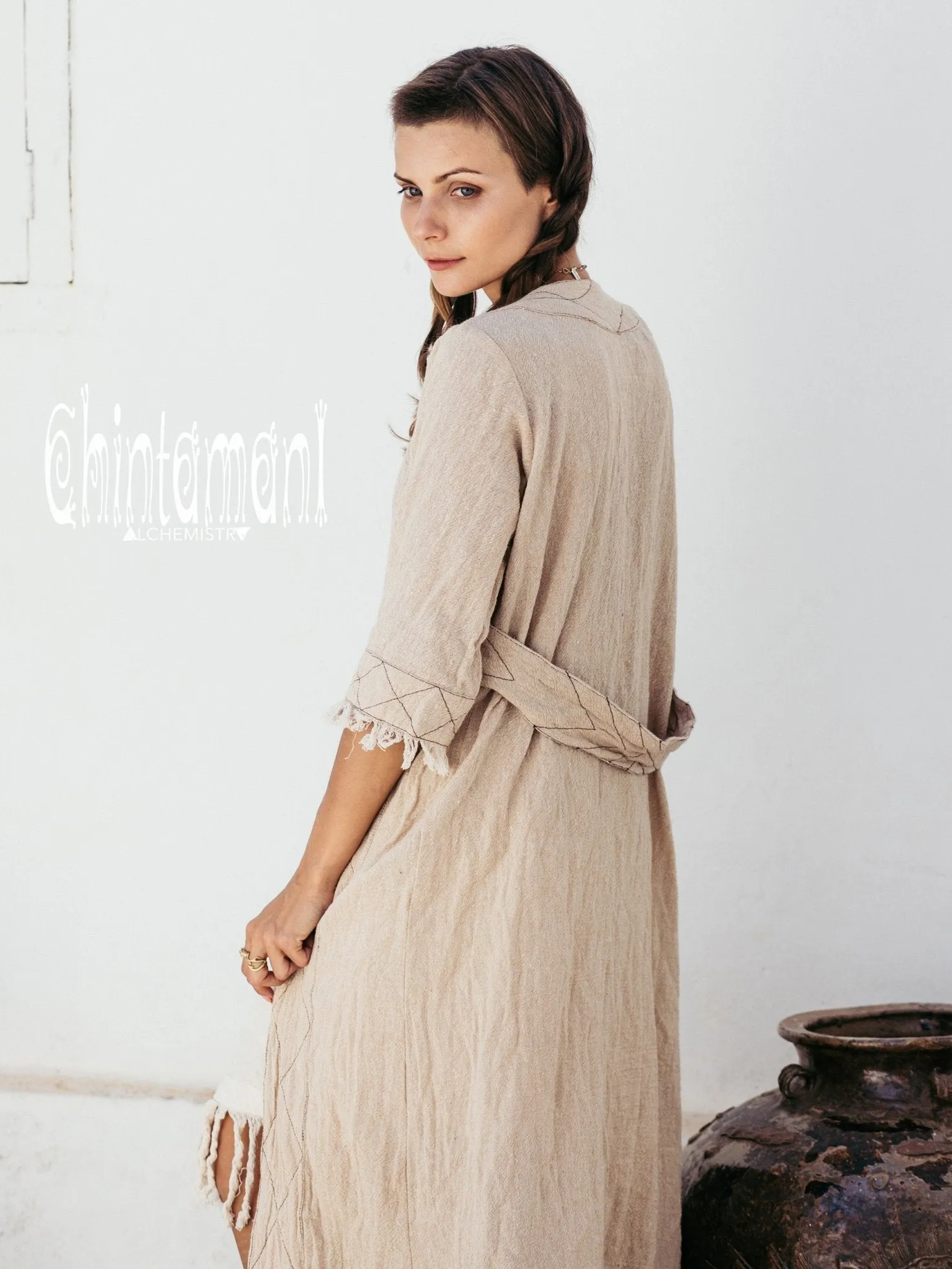 Organic Long Cardigan Robe 3/4 Sleeves / Beige