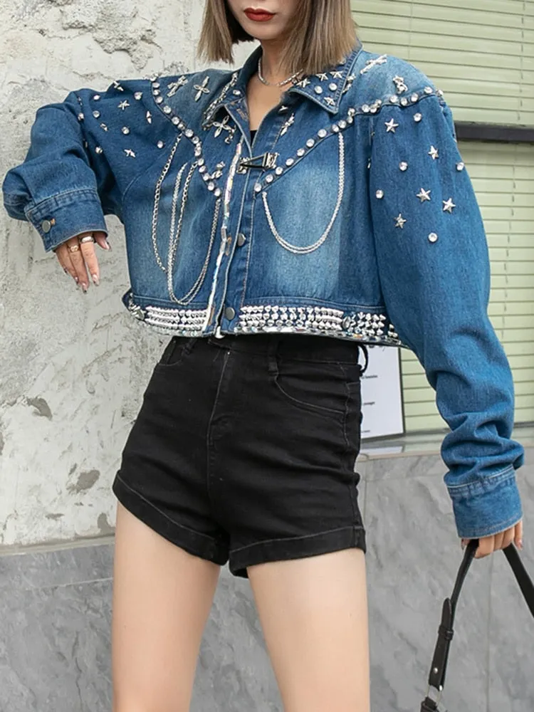 Patchwork Diamonds Chain Denim Jackets For Women Lapel Long Sleeve Spliced Single Breasted Casual Jacket Female