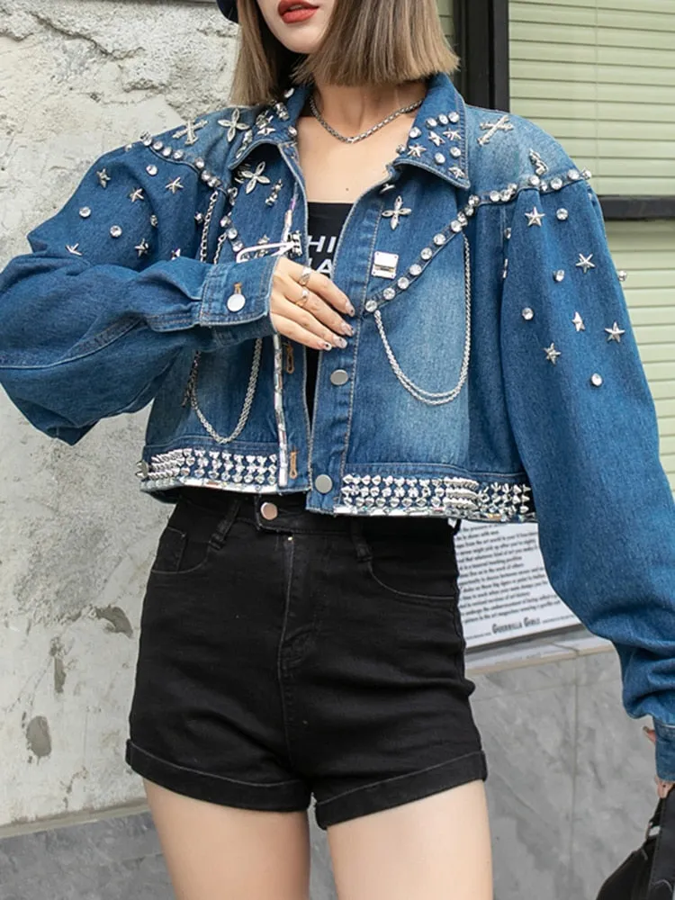 Patchwork Diamonds Chain Denim Jackets For Women Lapel Long Sleeve Spliced Single Breasted Casual Jacket Female