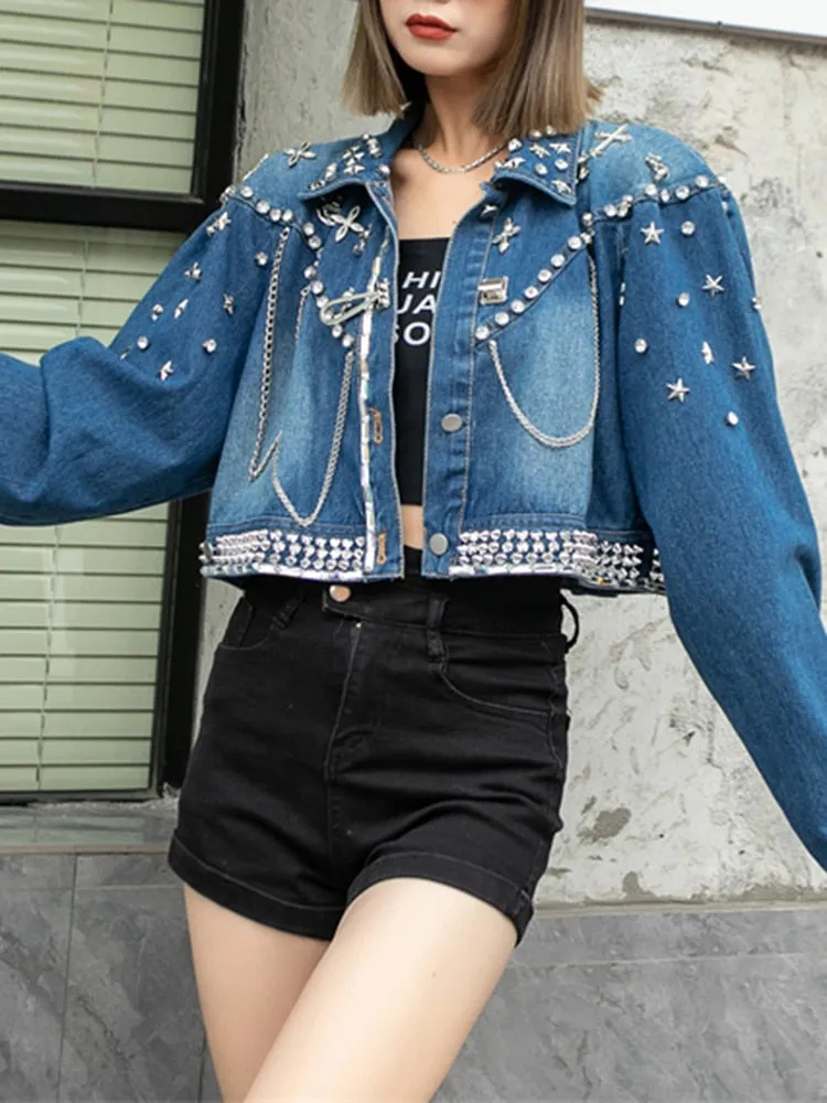 Patchwork Diamonds Chain Denim Jackets For Women Lapel Long Sleeve Spliced Single Breasted Casual Jacket Female