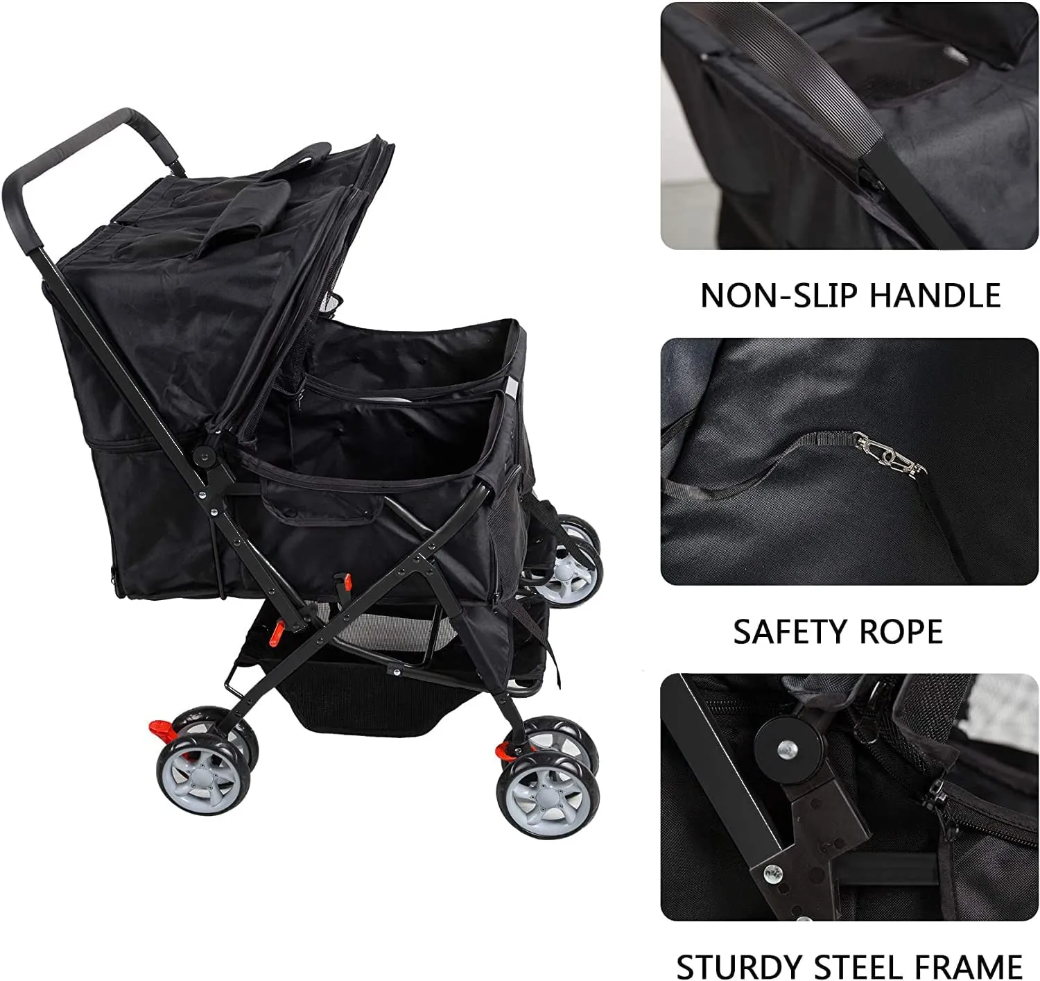 Pet Stroller Twin Folding Dog Cat Carrier Travel Cart, Black