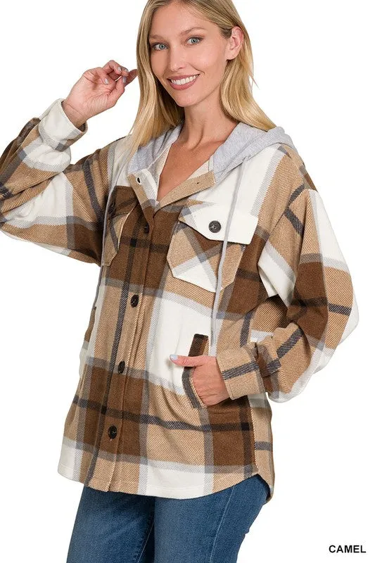 Plaid Drawstring Hooded Fleece Shacket [Online Exclusive]