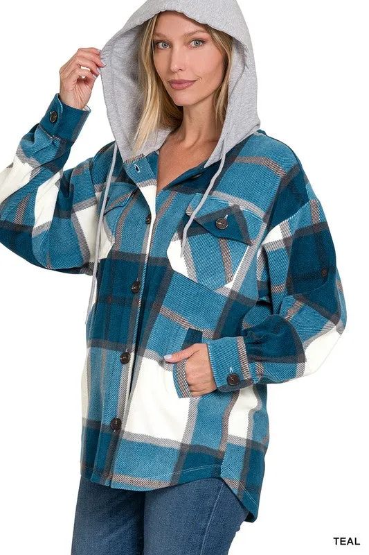 Plaid Drawstring Hooded Fleece Shacket [Online Exclusive]