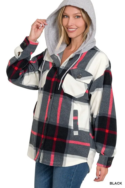 Plaid Drawstring Hooded Fleece Shacket [Online Exclusive]