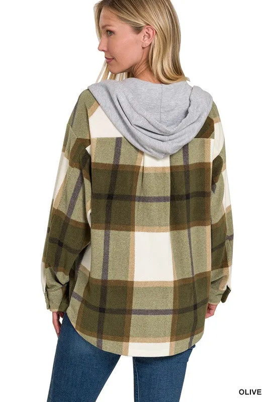 Plaid Drawstring Hooded Fleece Shacket [Online Exclusive]