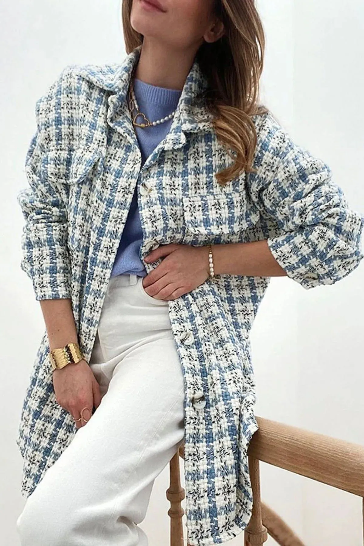 Plaid Print Button Knitted Coat With Pocket