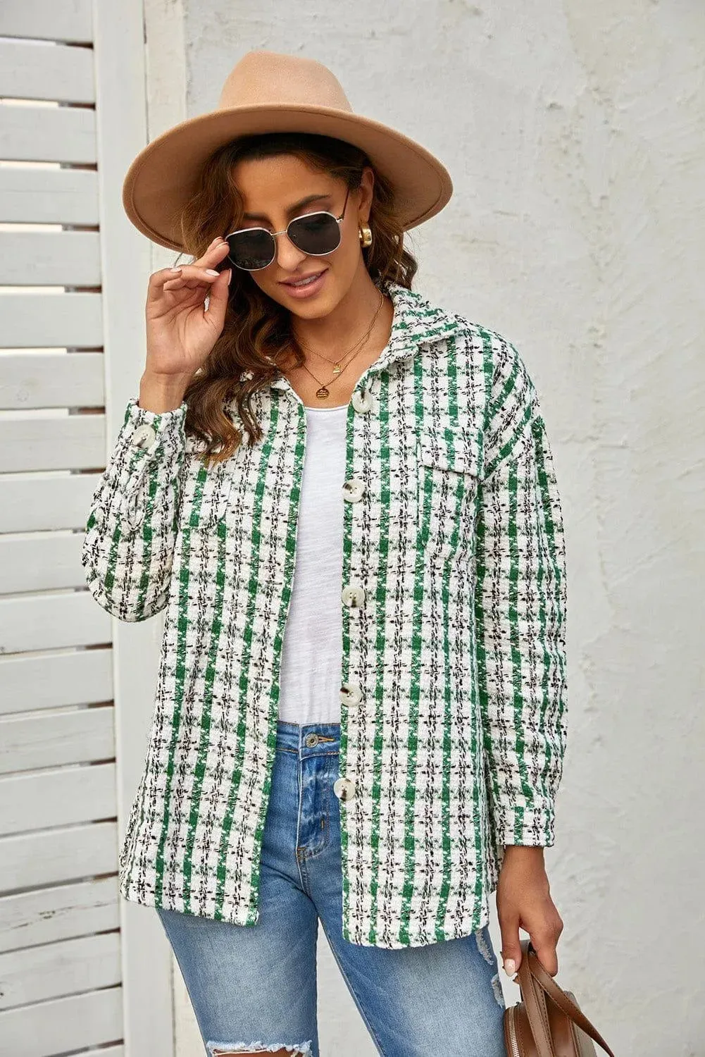 Plaid Print Button Knitted Coat With Pocket