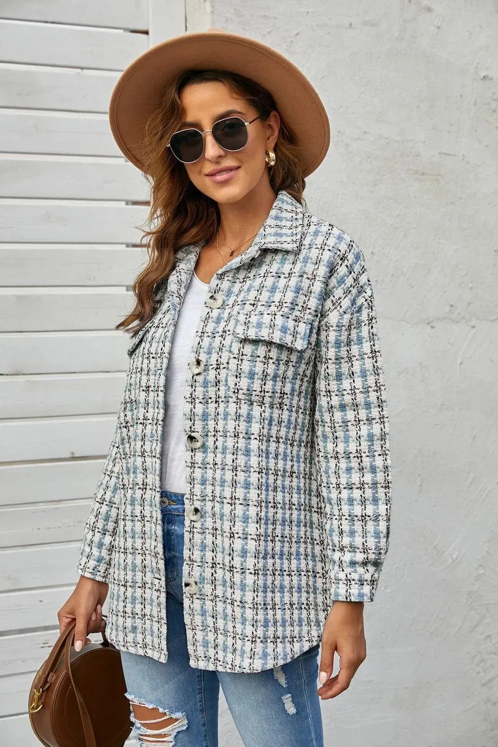 Plaid Print Button Knitted Coat With Pocket