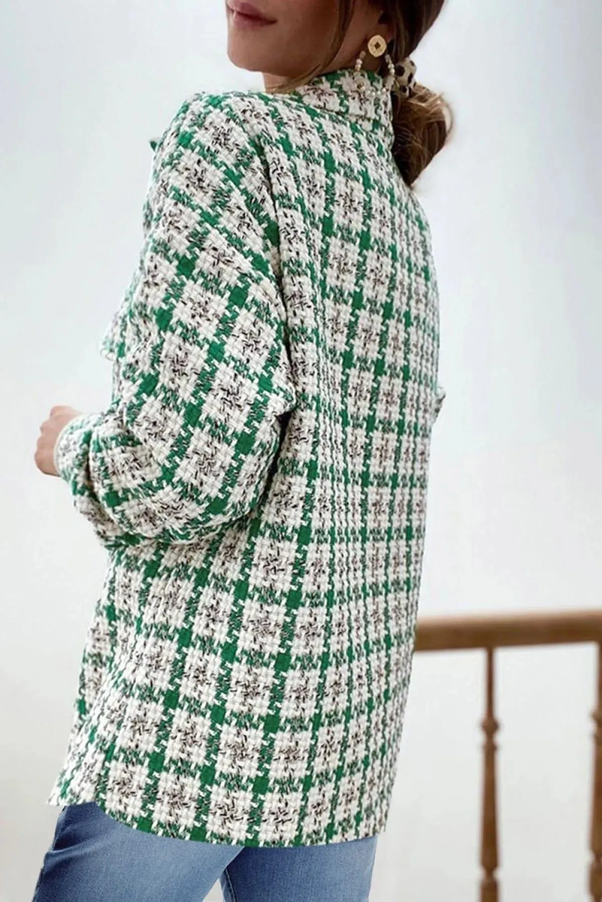 Plaid Print Button Knitted Coat With Pocket