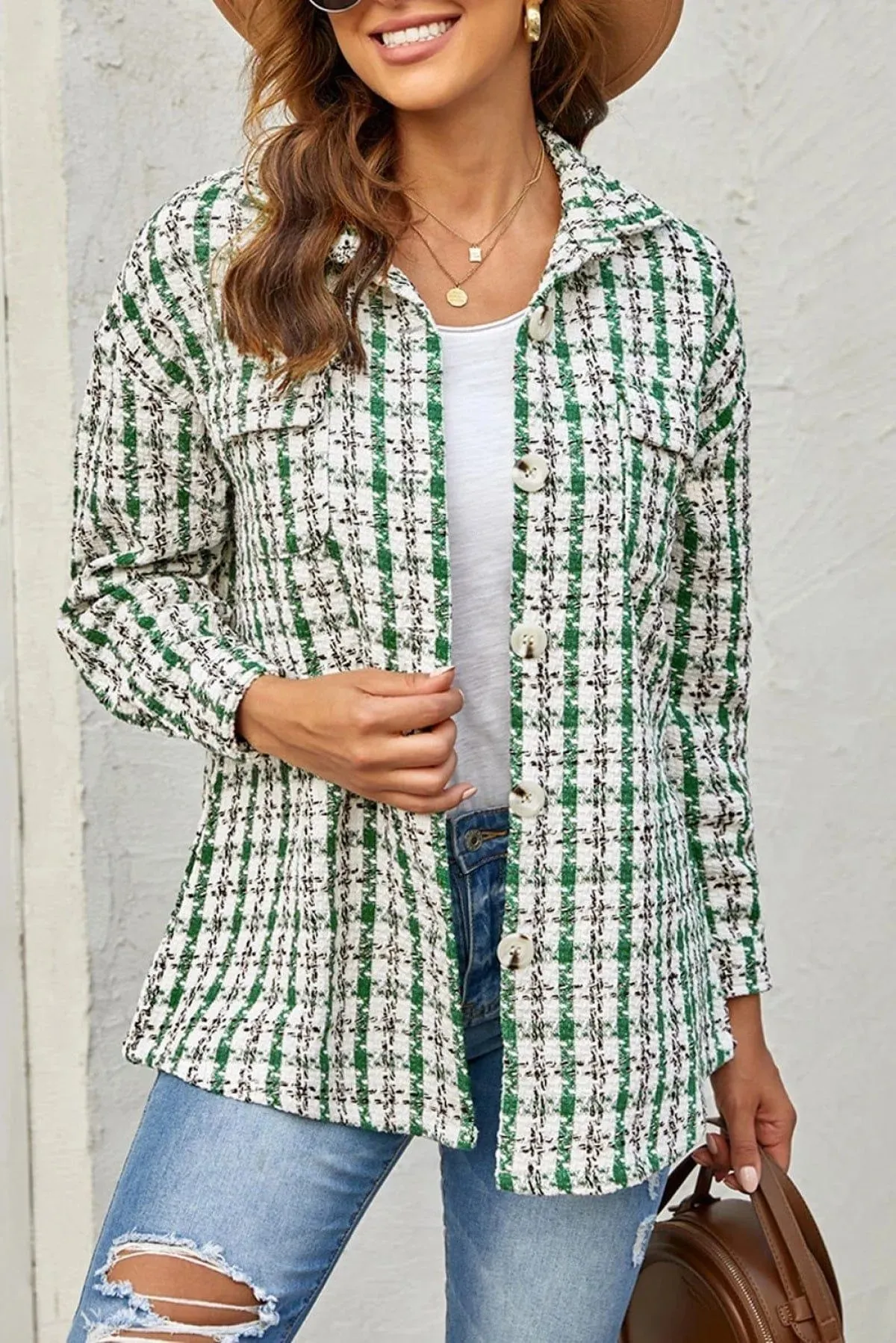 Plaid Print Button Knitted Coat With Pocket