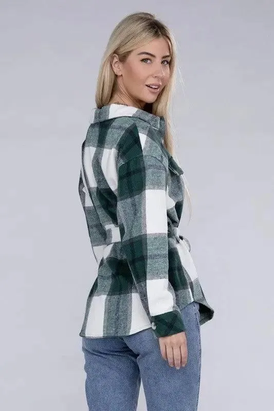 Plaid shacket with waist tie belt