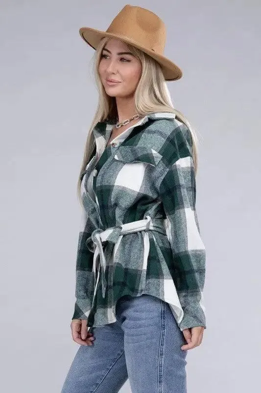 Plaid shacket with waist tie belt