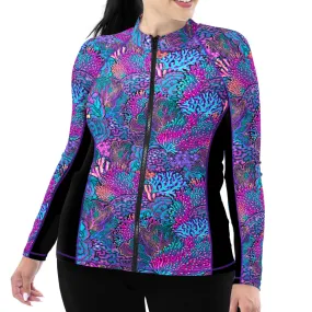 Plus Size Eco-friendly Full Zip Up Coral Kaleidoscope Rash Guard