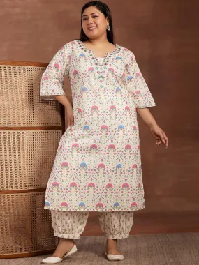 Plus Size Off White Printed Cotton Straight Kurta With Salwar