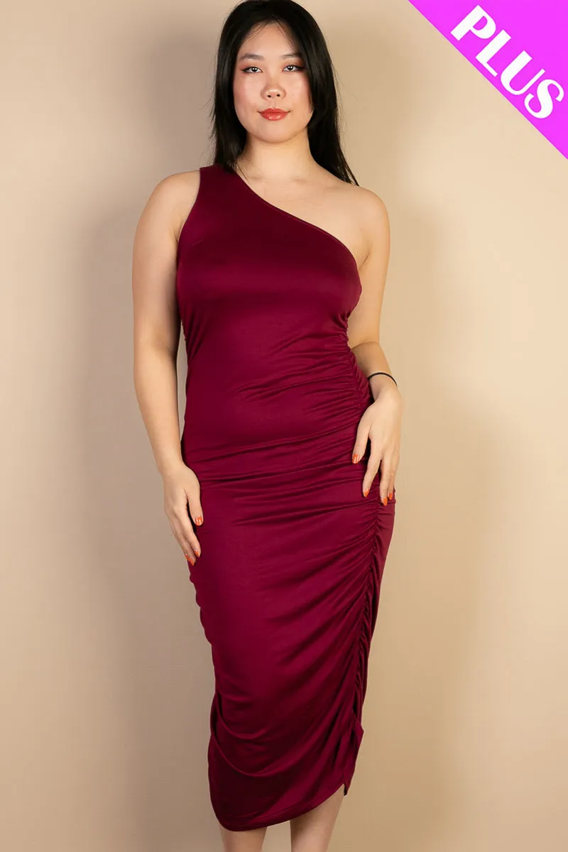 Plus Size Sexy Solid Color Ruched One Shoulder Midi Bodycon Dress (CAPELLA)