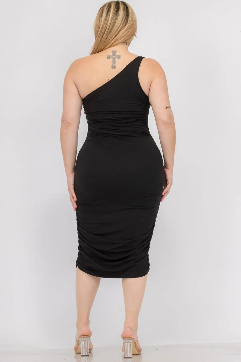 Plus Size Sexy Solid Color Ruched One Shoulder Midi Bodycon Dress (CAPELLA)