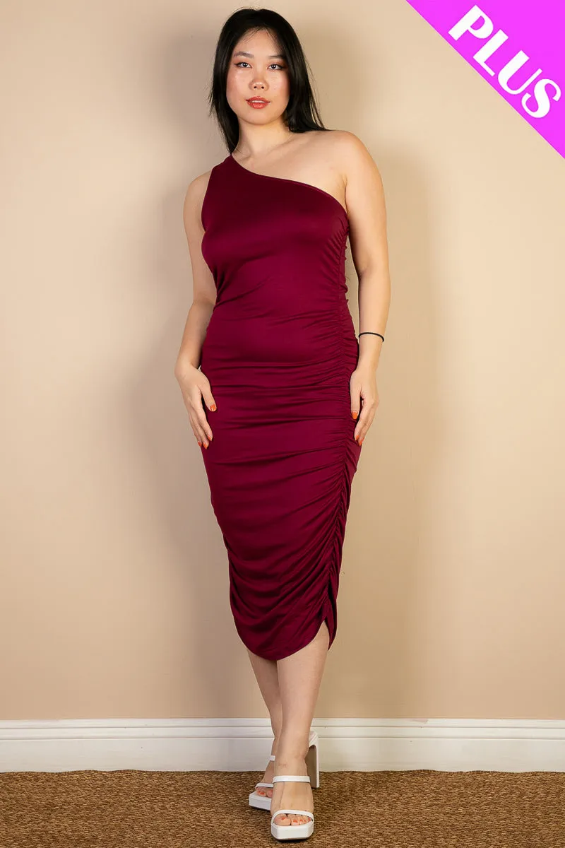 Plus Size Sexy Solid Color Ruched One Shoulder Midi Bodycon Dress (CAPELLA)