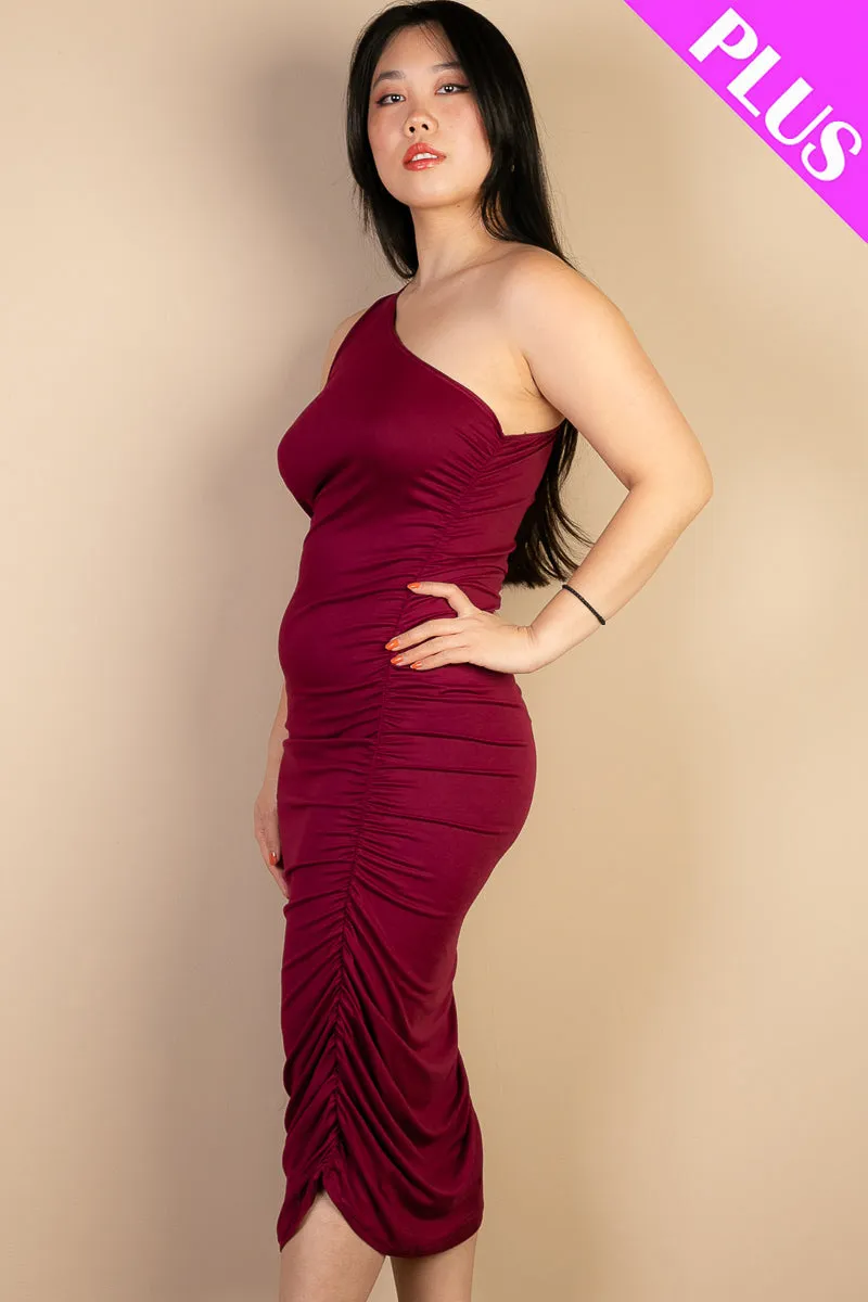 Plus Size Sexy Solid Color Ruched One Shoulder Midi Bodycon Dress (CAPELLA)